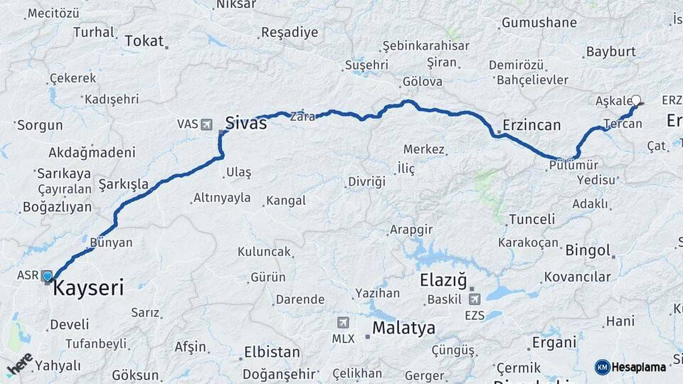 Kayseri Aşkale Erzurum Arası Kaç Km - Yol Haritası