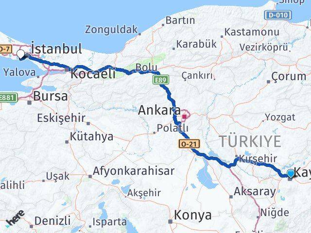 Kayseri Atatürk Havalimanı Arası Kaç Km - Yol Haritası