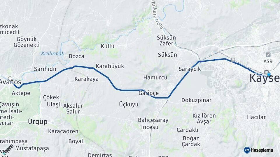 Kayseri Avanos Nevşehir Arası Kaç Km - Yol Haritası