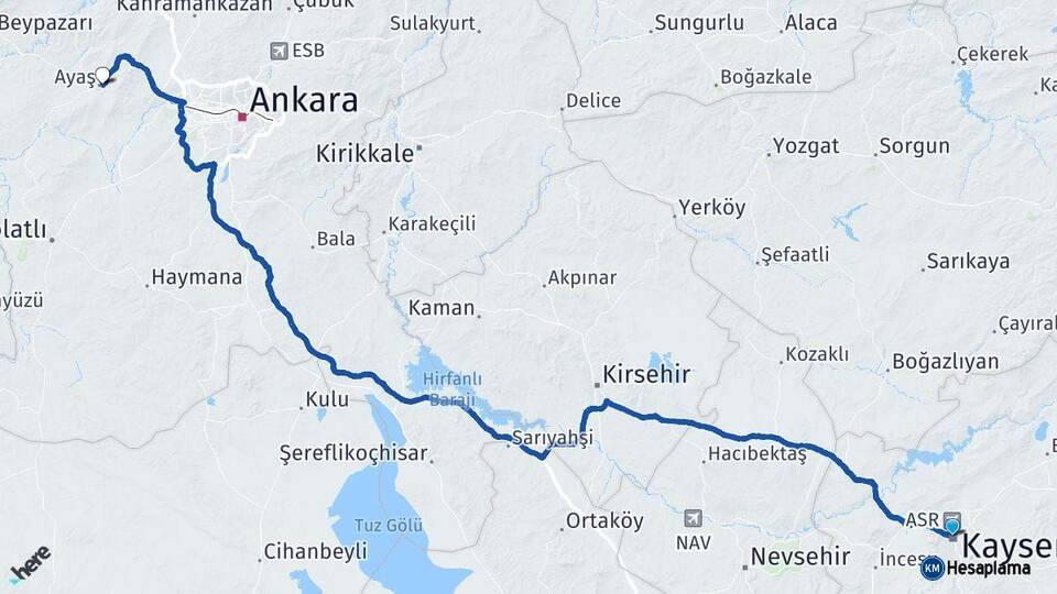 Kayseri Ayaş Ankara Arası Kaç Km - Yol Haritası