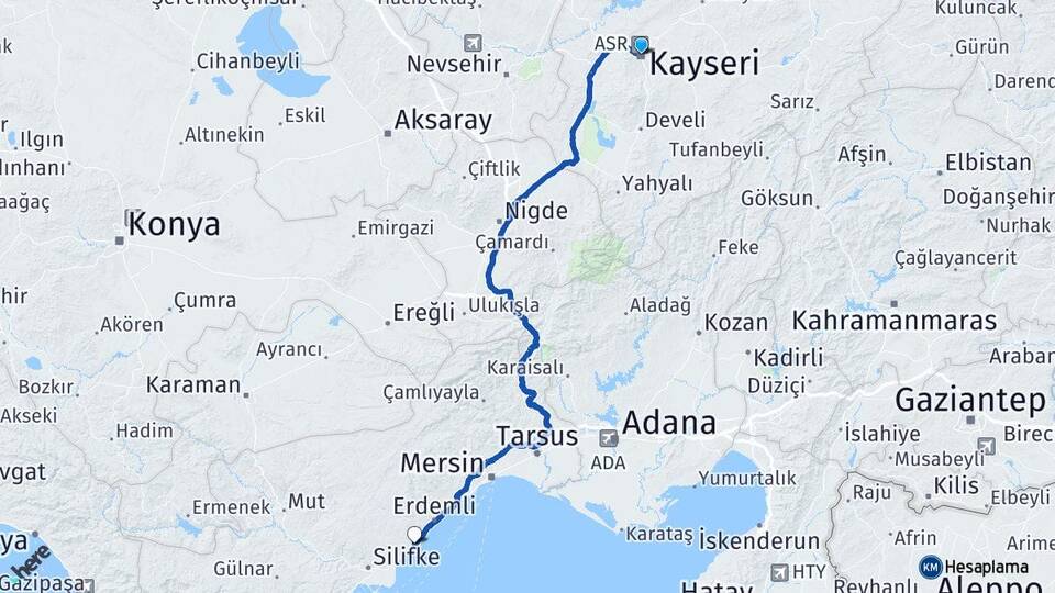 Kayseri Ayaş Erdemli Mersin Arası Kaç Km - Yol Haritası