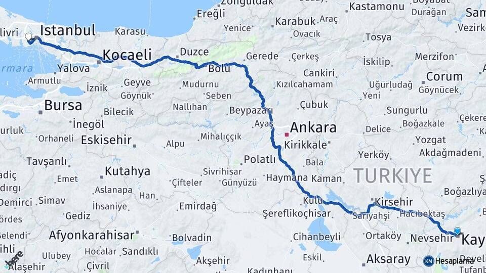 Kayseri Bağcılar İstanbul Arası Kaç Km - Yol Haritası
