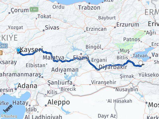 Kayseri Bahçesaray Van Arası Kaç Km - Yol Haritası