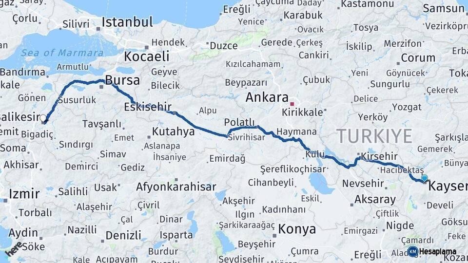 Kayseri Balıkesir Arası Kaç Km - Yol Haritası