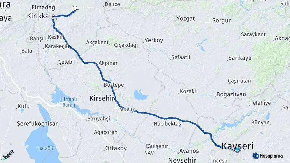 Kayseri Balışeyh Kırıkkale Arası Kaç Km - Yol Haritası