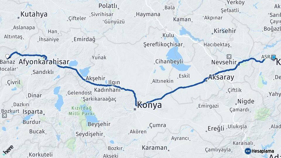 Kayseri Banaz Uşak Arası Kaç Km - Yol Haritası