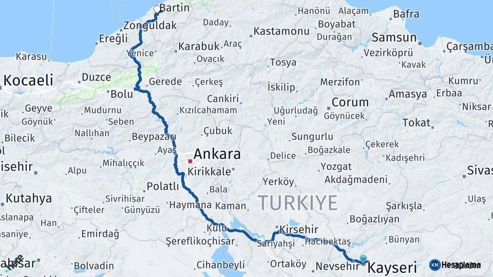 Kayseri Bartın Arası Kaç Km - Yol Haritası
