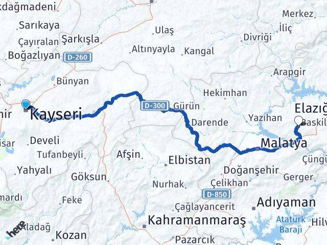 Kayseri Baskil Elazığ Arası Kaç Km - Yol Haritası