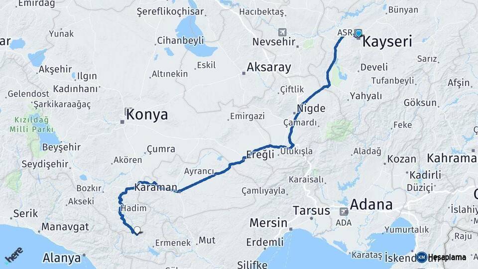 Kayseri Başyayla Karaman Arası Kaç Km - Yol Haritası
