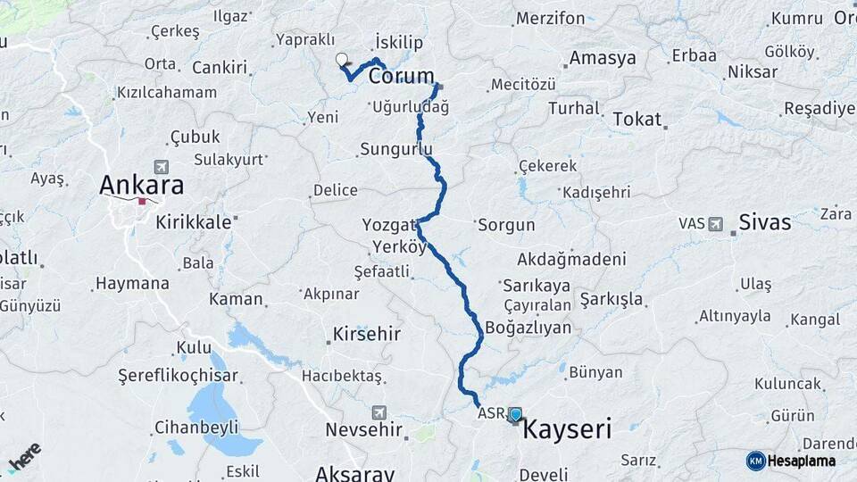 Kayseri Bayat Çorum Arası Kaç Km - Yol Haritası