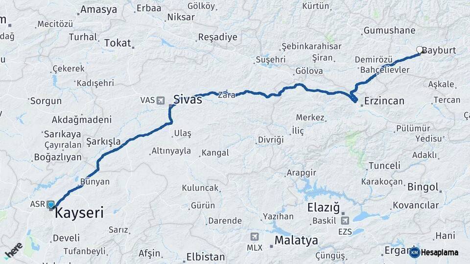 Kayseri Bayburt Arası Kaç Km - Yol Haritası