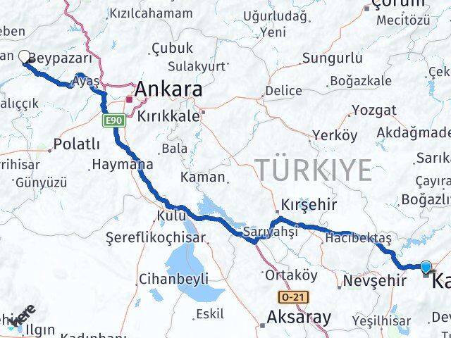 Kayseri Beypazarı Ankara Arası Kaç Km - Yol Haritası