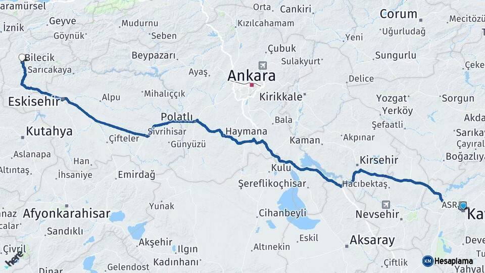 Kayseri Bilecik Arası Kaç Km - Yol Haritası