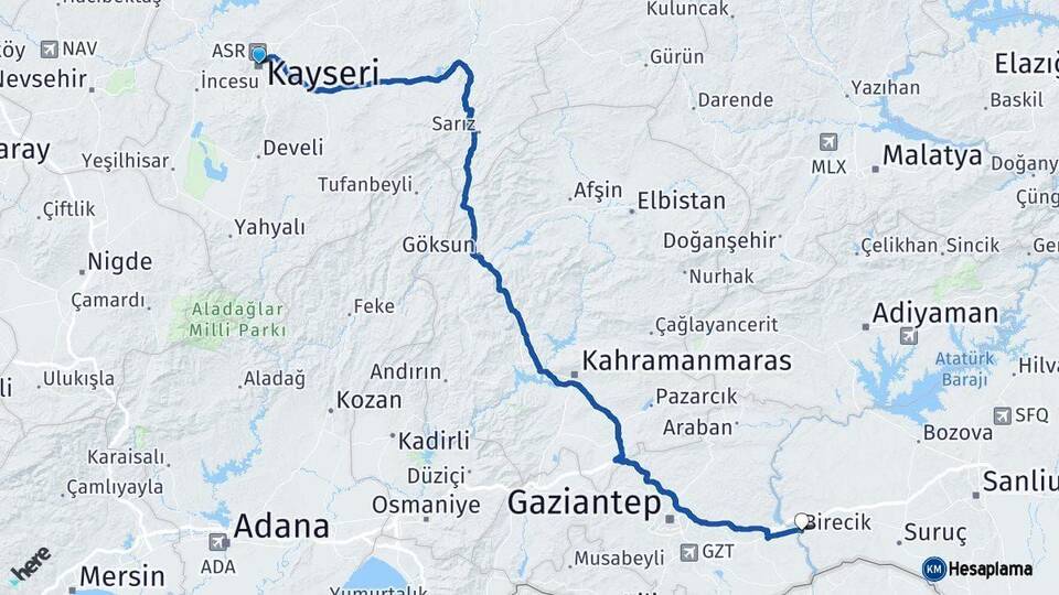 Kayseri Birecik Şanlıurfa Arası Kaç Km - Yol Haritası