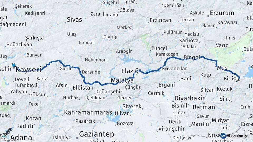 Kayseri Bitlis Arası Kaç Km - Yol Haritası