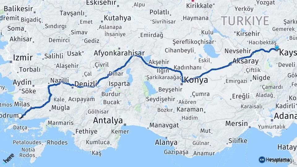 Kayseri Bodrum Muğla Arası Kaç Km - Yol Haritası