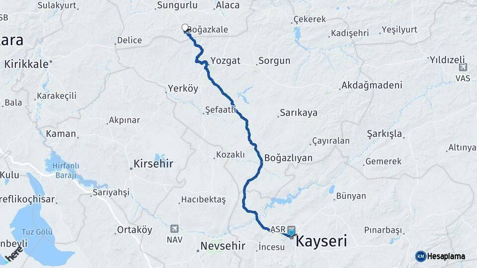 Kayseri Boğazkale Çorum Arası Kaç Km - Yol Haritası