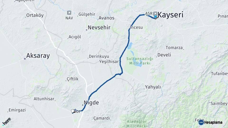 Kayseri Bor Niğde Arası Kaç Km - Yol Haritası