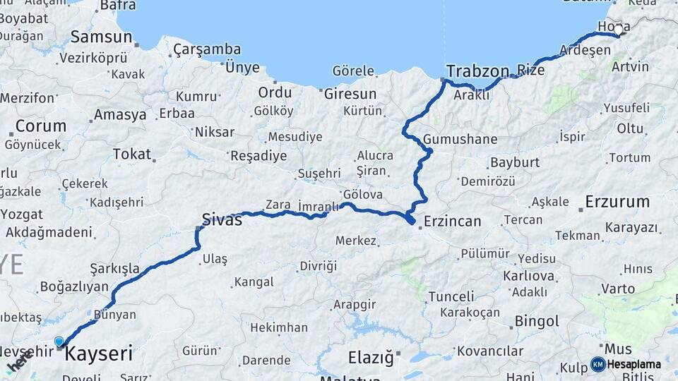 Kayseri Borçka Artvin Arası Kaç Km - Yol Haritası