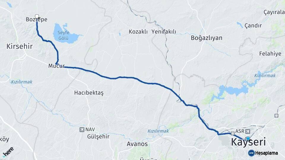 Kayseri Boztepe Kırşehir Arası Kaç Km - Yol Haritası