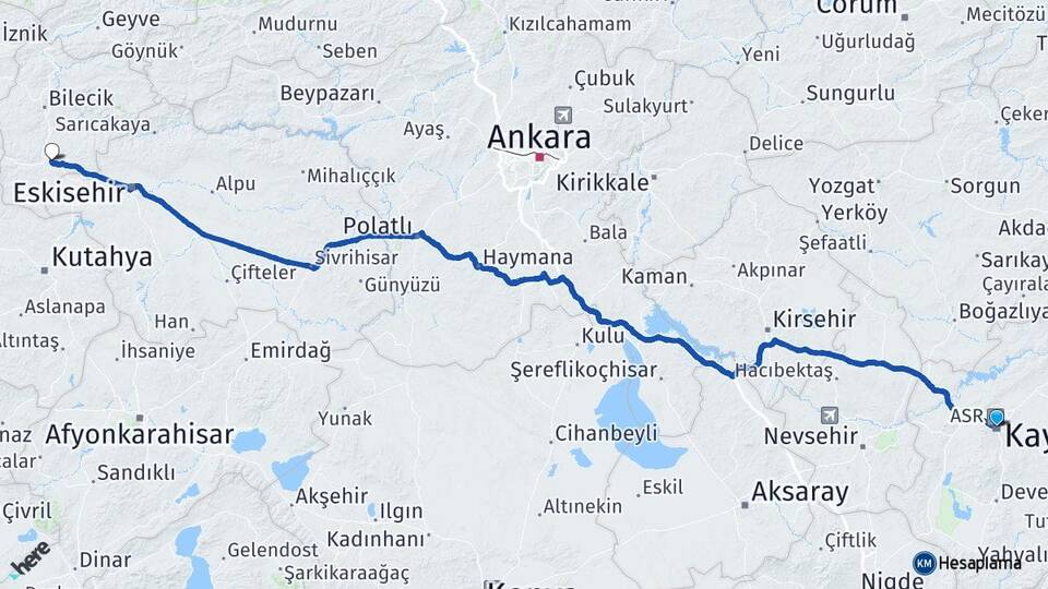 Kayseri Bozüyük Bilecik Arası Kaç Km - Yol Haritası