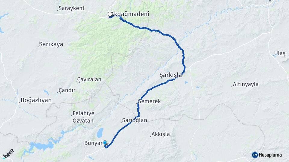 Kayseri Bünyan Akdağmadeni Yozgat Arası Kaç Km - Yol Haritası