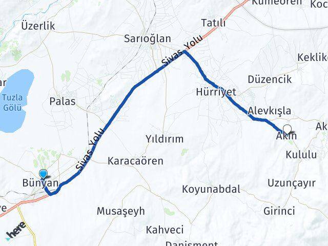 Kayseri Bünyan Akin Akkışla Arası Kaç Km - Yol Haritası