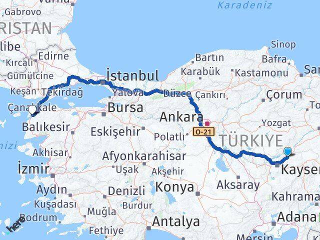 Bünyan Çanakkale Arası Kaç Km - Yol Tarifi