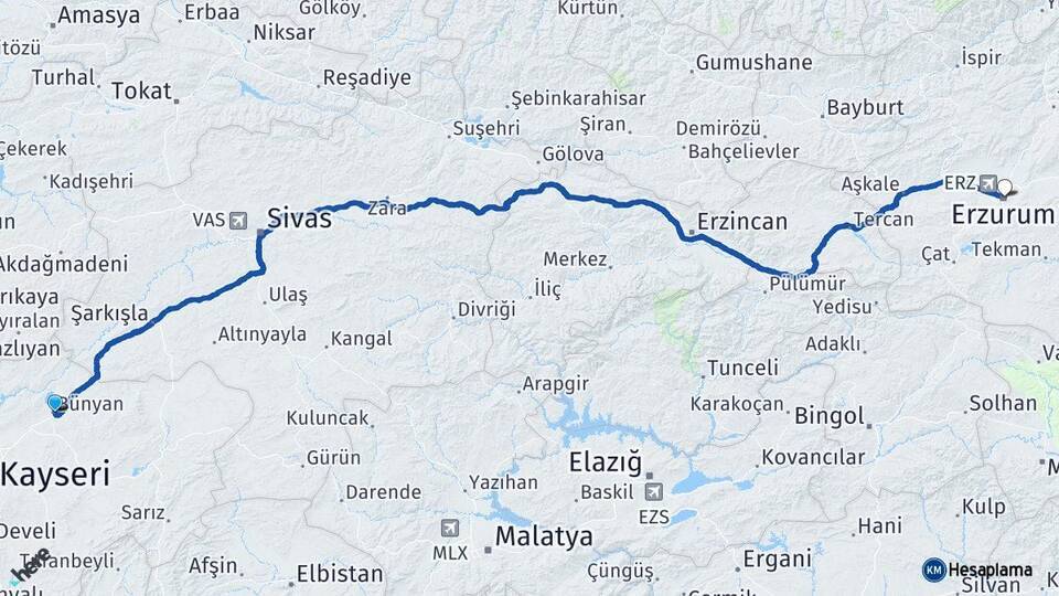 Bünyan Erzurum Arası Kaç Km - Yol Tarifi
