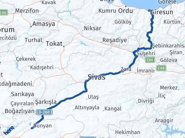 Bünyan Giresun Arası Kaç Km - Yol Tarifi