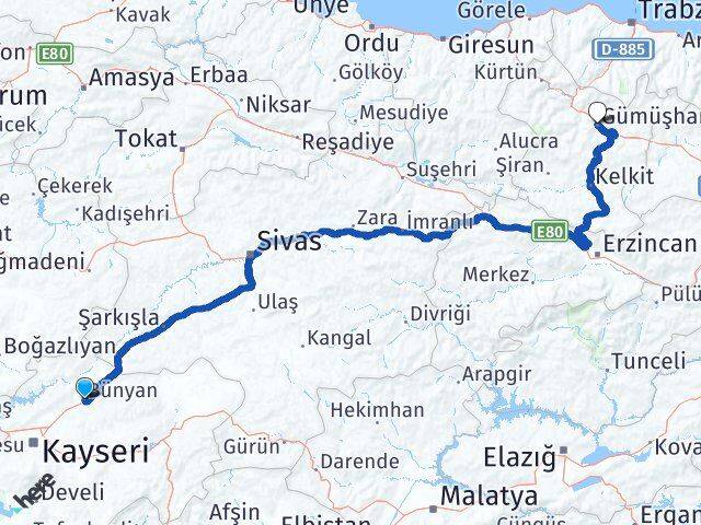Bünyan Gümüşhane Arası Kaç Km - Yol Tarifi