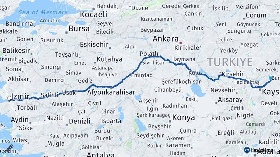 Bünyan İzmir Arası Kaç Km - Yol Tarifi