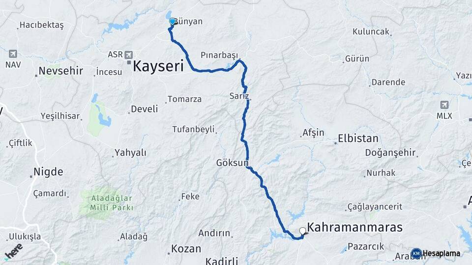 Kayseri Bünyan Kahramanmaraş Arası Kaç Km - Yol Haritası