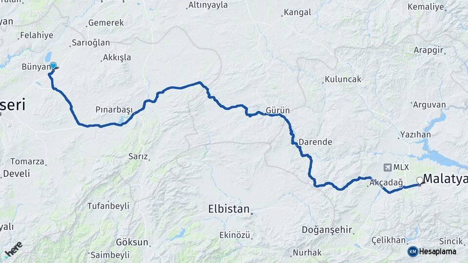 Kayseri Bünyan Malatya Arası Kaç Km - Yol Haritası
