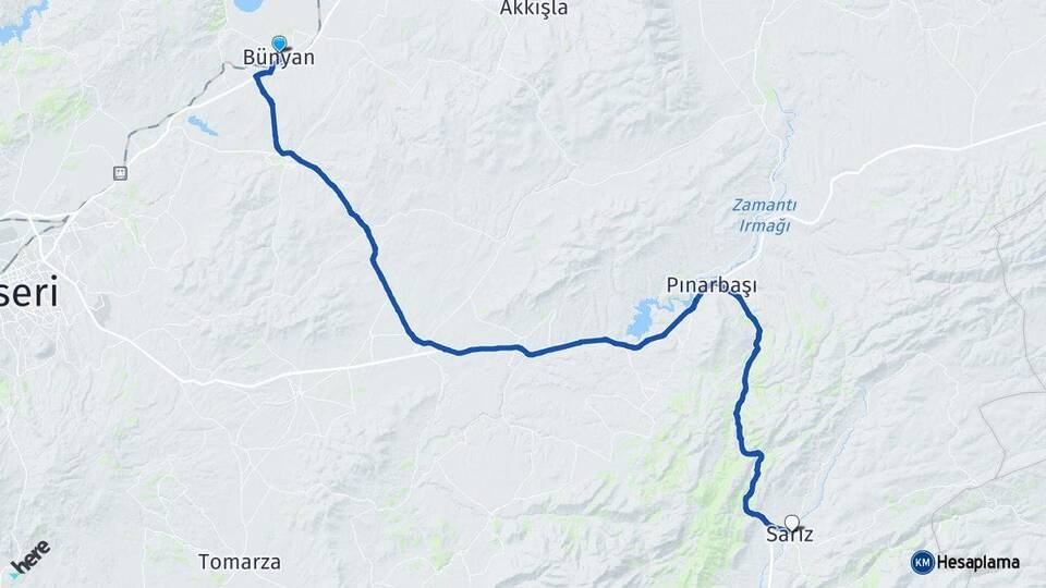 Kayseri Bünyan Sarız Arası Kaç Km - Yol Haritası