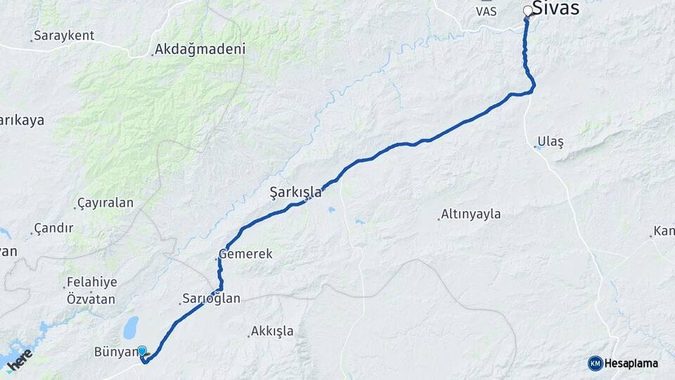 Kayseri Bünyan Sivas Arası Kaç Km - Yol Haritası