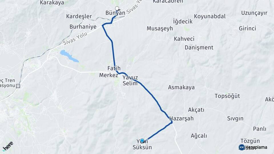 Yeni Süksün Bünyan Arası Kaç Km - Yol Tarifi