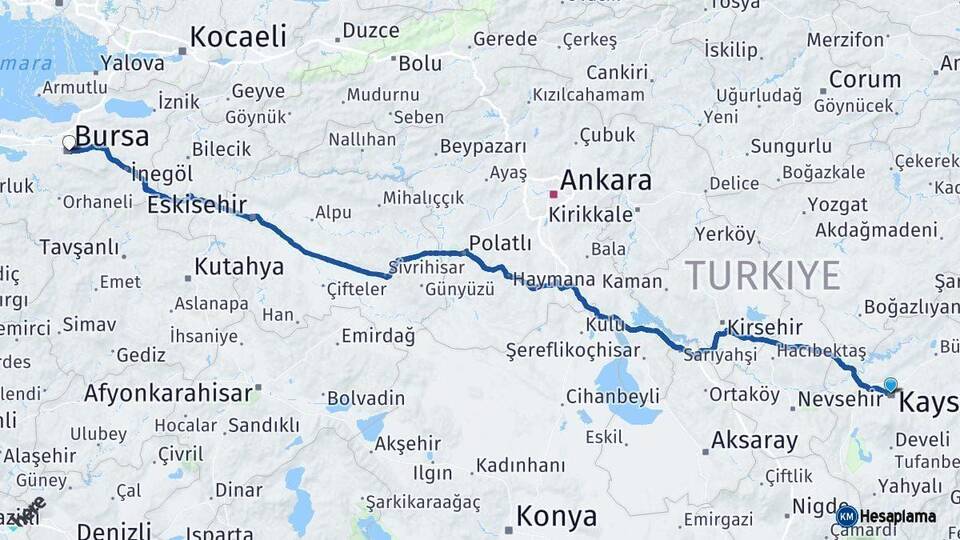 Kayseri Bursa Arası Kaç Km - Yol Haritası
