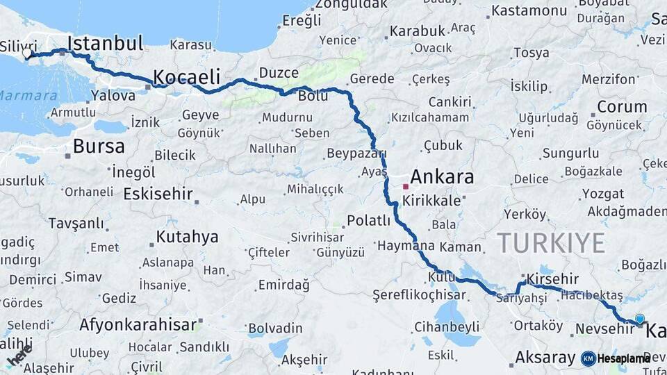 Kayseri Büyükçekmece İstanbul Arası Kaç Km - Yol Haritası