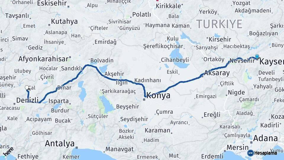 Kayseri Çal Denizli Arası Kaç Km - Yol Haritası
