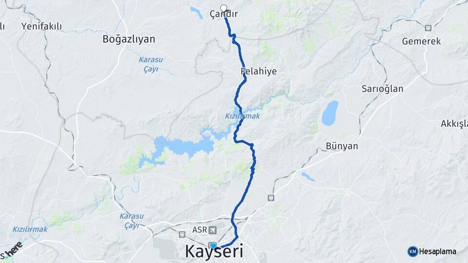 Kayseri Çandır Yozgat Arası Kaç Km - Yol Haritası