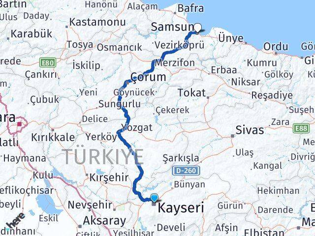 Kayseri Canik Samsun Arası Kaç Km - Yol Haritası