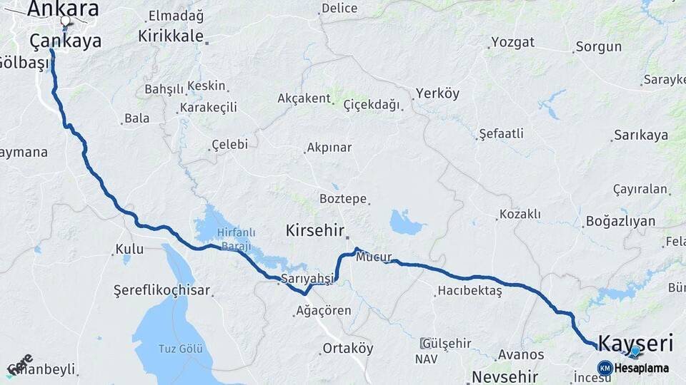 Kayseri Çankaya Ankara Arası Kaç Km - Yol Haritası