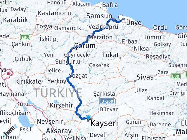 Kayseri Çarşamba Havalimanı Arası Kaç Km - Yol Haritası