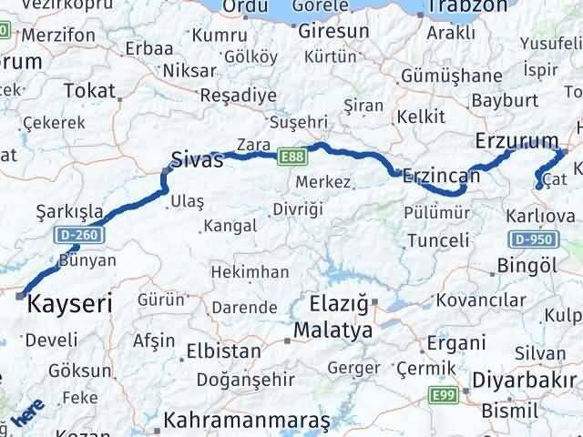 Kayseri Çat Erzurum Arası Kaç Km - Yol Haritası