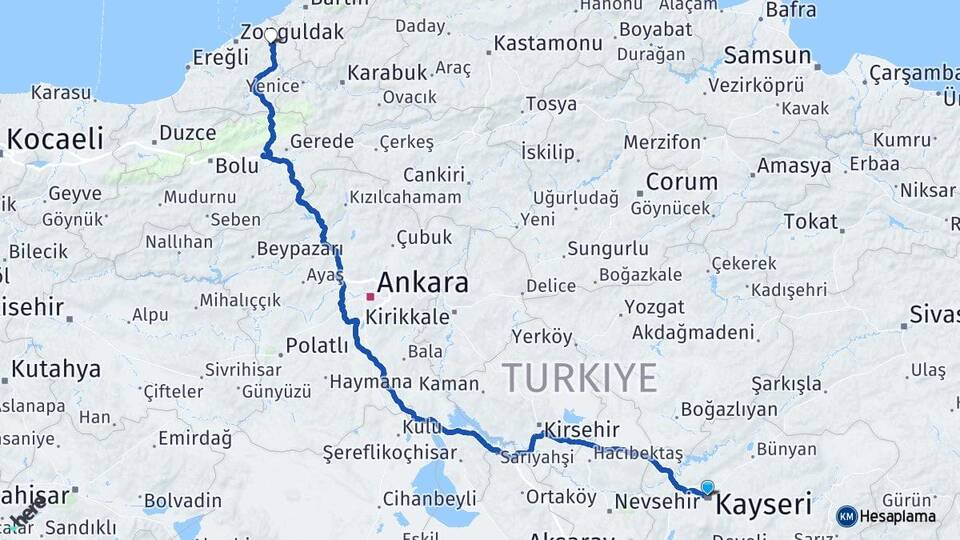 Kayseri Çaycuma Zonguldak Arası Kaç Km - Yol Haritası