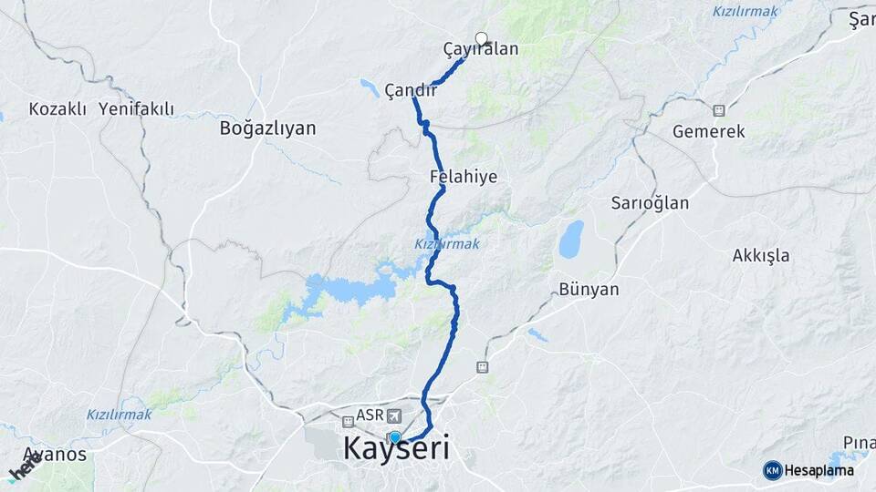 Kayseri Çayıralan Yozgat Arası Kaç Km - Yol Haritası