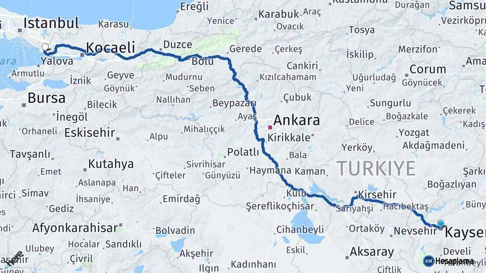 Kayseri Çayırova Kocaeli Arası Kaç Km - Yol Haritası