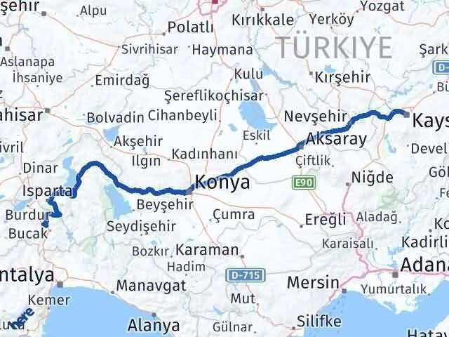 Kayseri Çeltikçi Burdur Arası Kaç Km - Yol Haritası