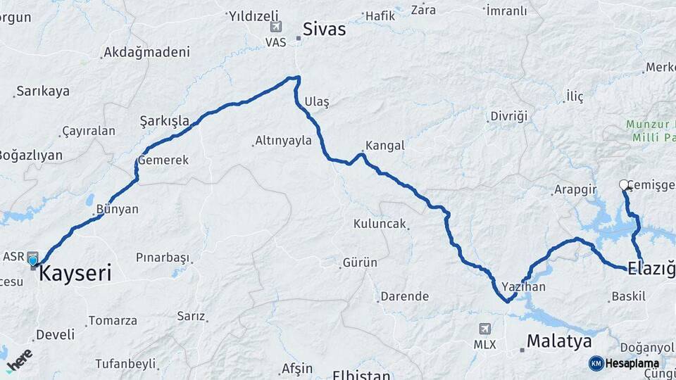 Kayseri Çemişgezek Tunceli Arası Kaç Km - Yol Haritası